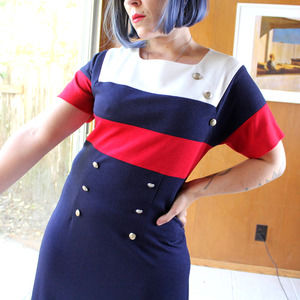 Vintage 90s Navy Red White Sailor Dress